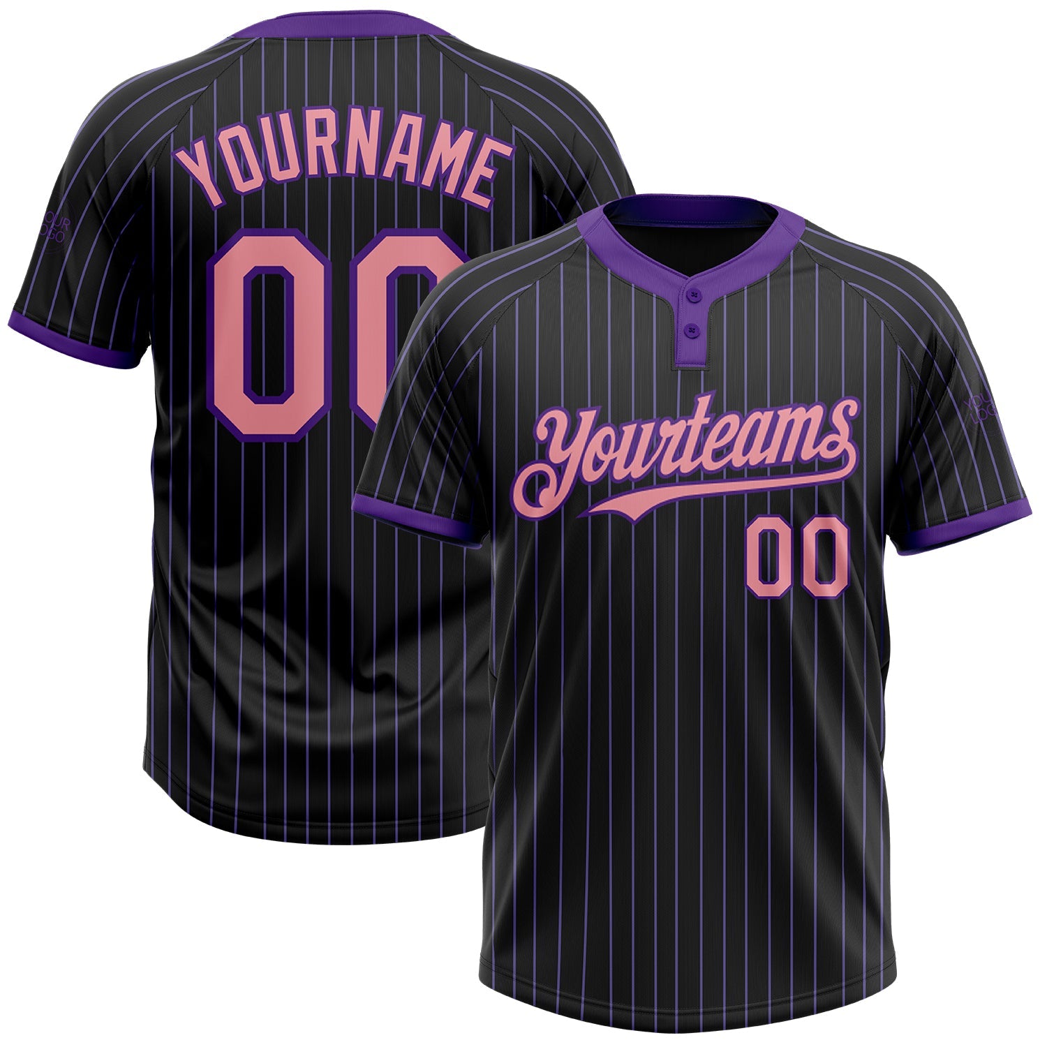 Custom Black Purple Pinstripe Medium Pink Two-Button Unisex Softball Jersey - Main View