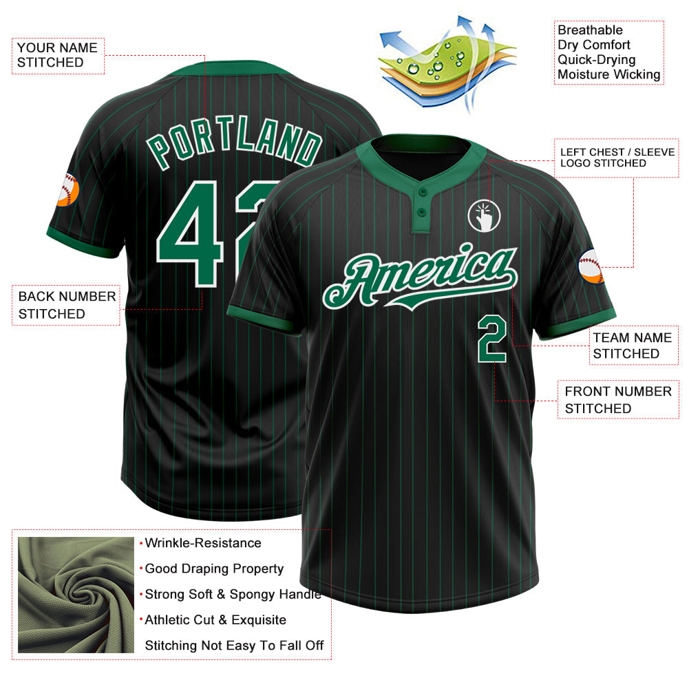 Custom Black Kelly Green Pinstripe White Two-Button Unisex Softball Jersey view 3