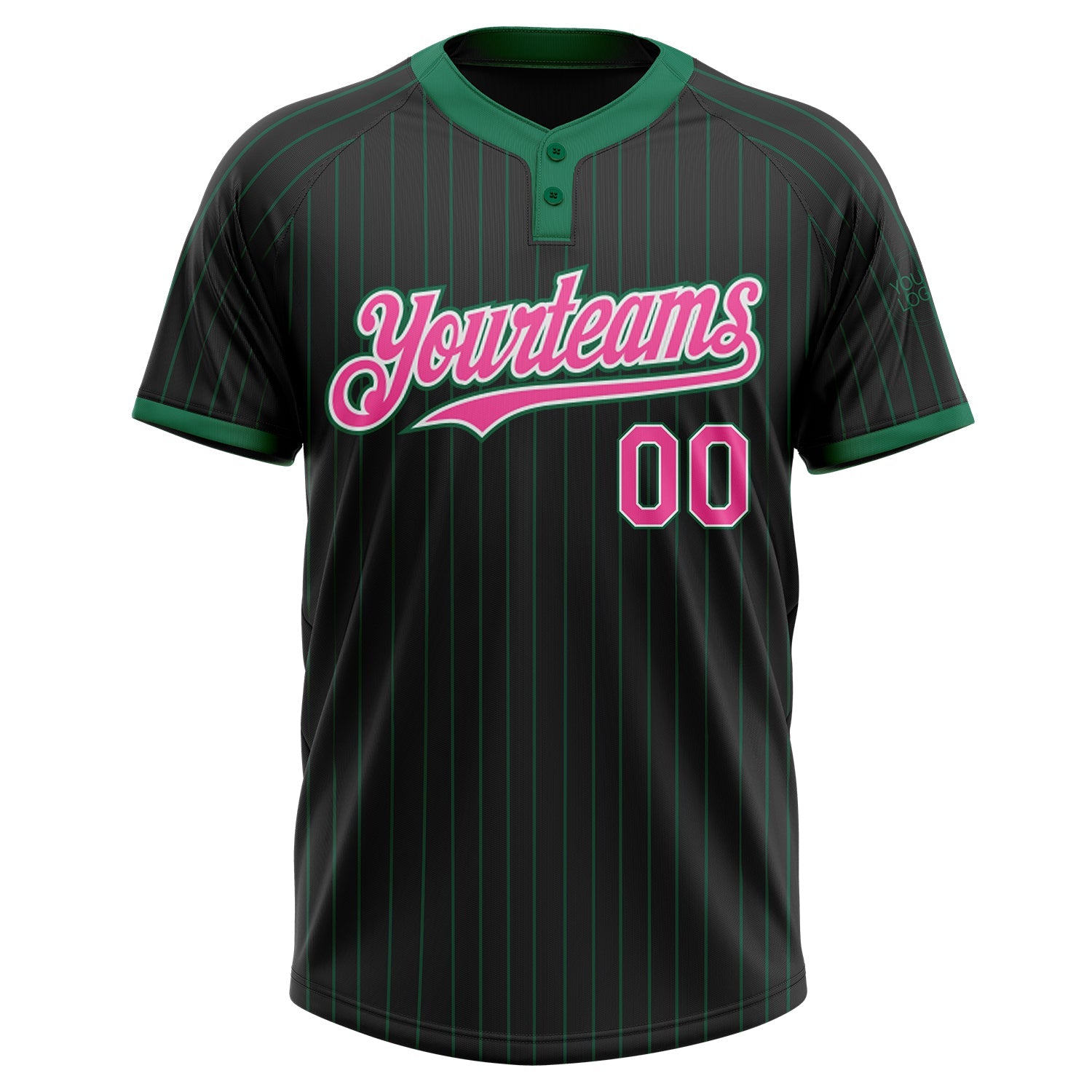 Custom Black Kelly Green Pinstripe Pink-White Two-Button Unisex Softball Jersey view 2