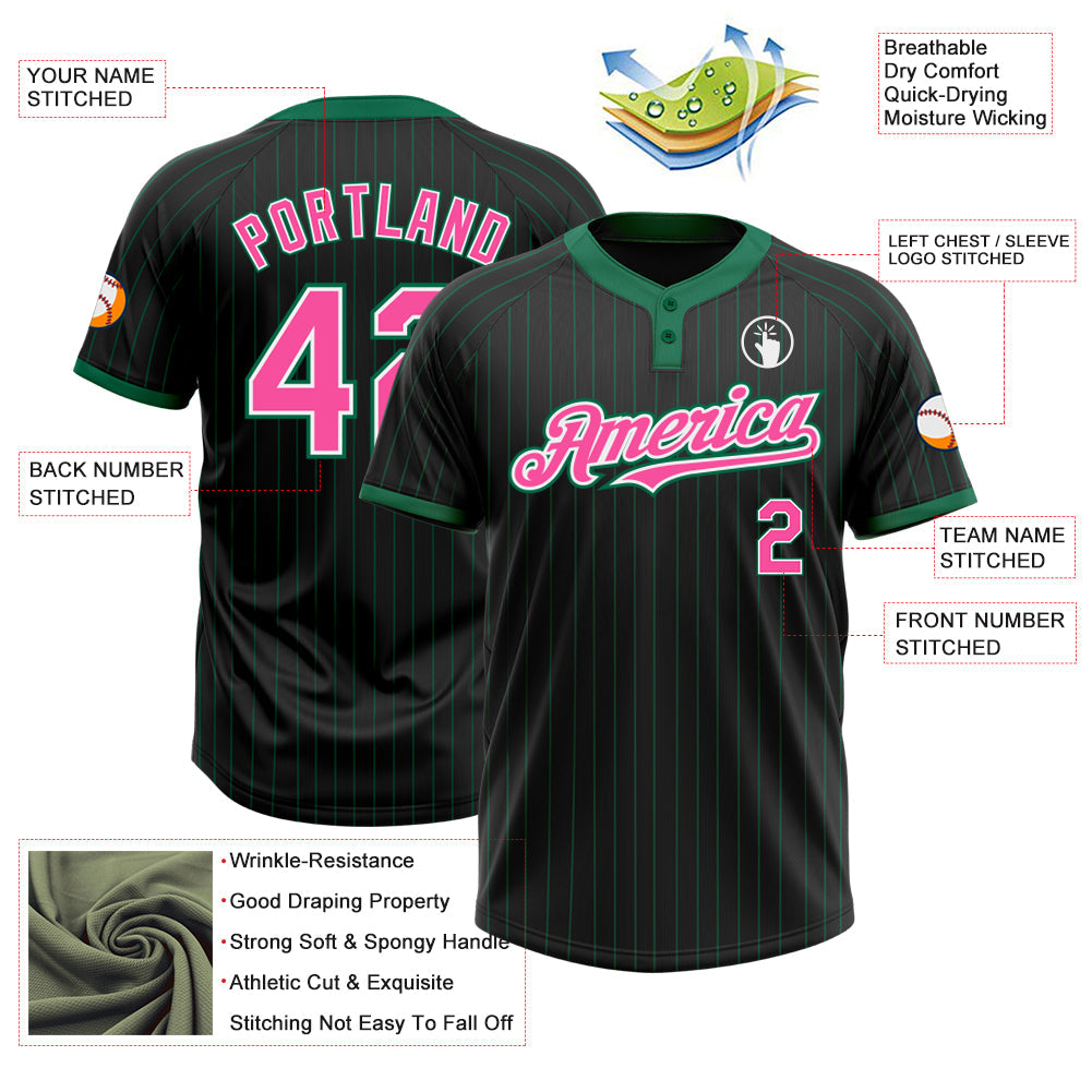 Custom Black Kelly Green Pinstripe Pink-White Two-Button Unisex Softball Jersey view 3