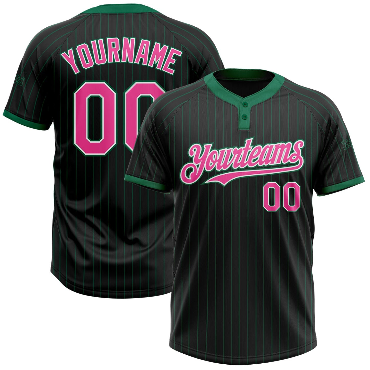 Custom Black Kelly Green Pinstripe Pink-White Two-Button Unisex Softball Jersey - Main View
