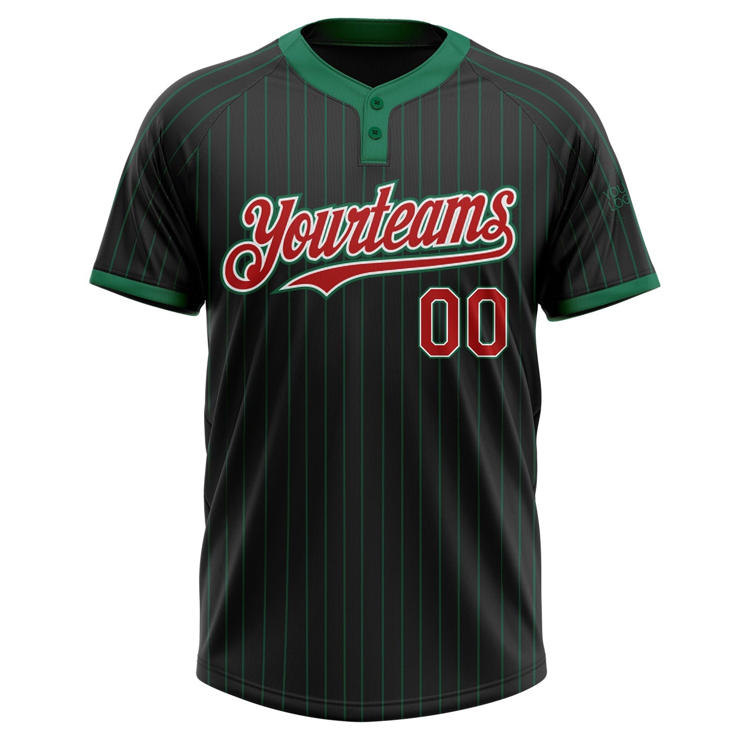 Custom Black Kelly Green Pinstripe Red-White Two-Button Unisex Softball Jersey view 2