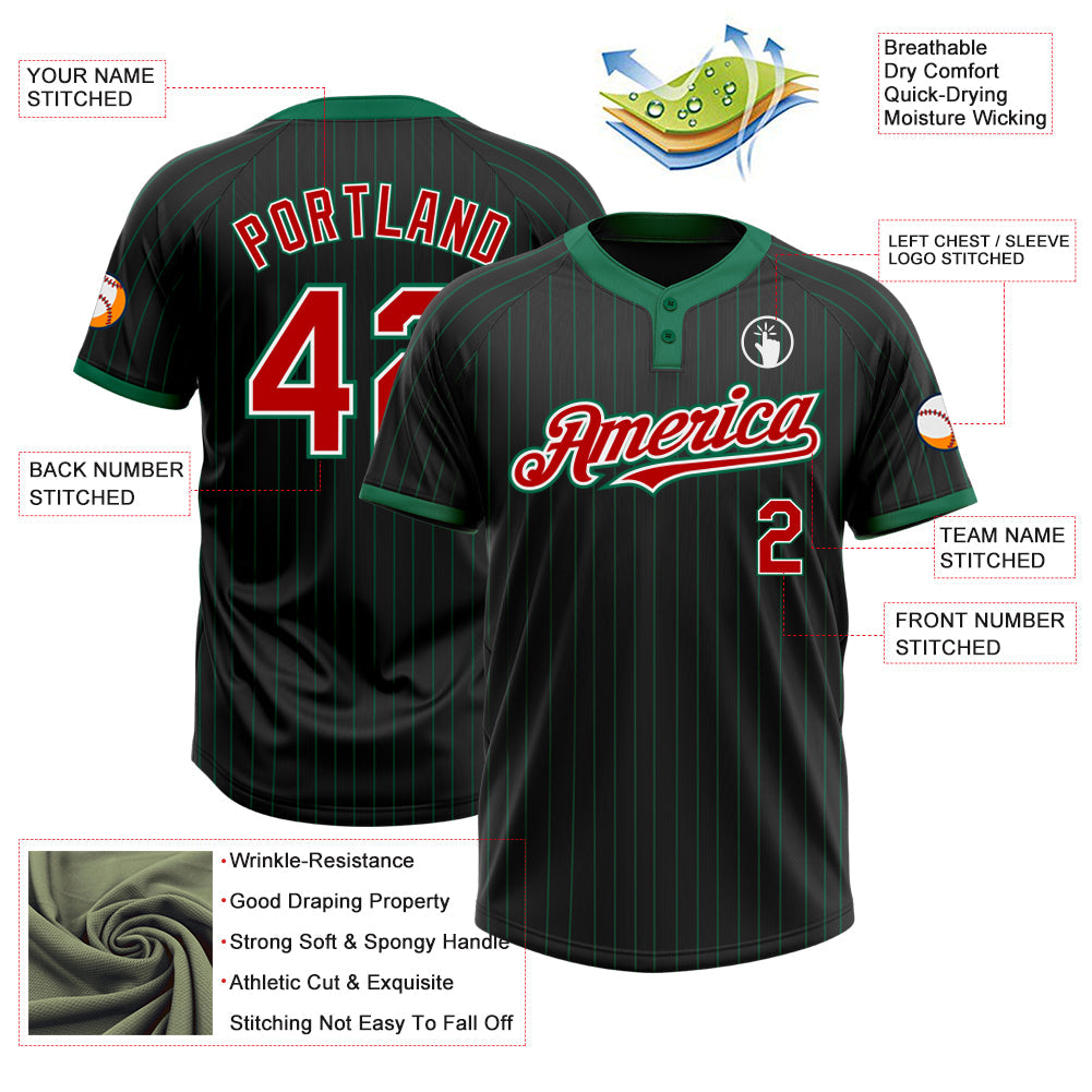 Custom Black Kelly Green Pinstripe Red-White Two-Button Unisex Softball Jersey view 3