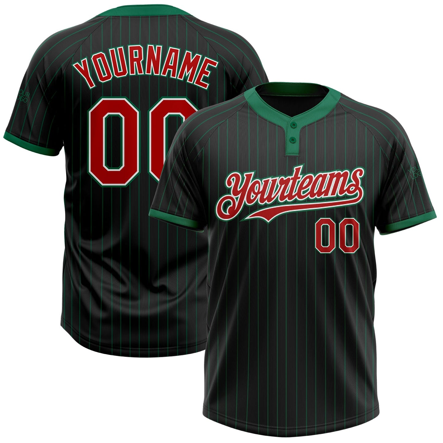 Custom Black Kelly Green Pinstripe Red-White Two-Button Unisex Softball Jersey - Main View