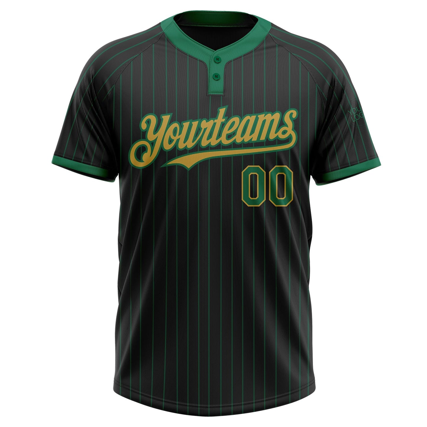 Custom Black Kelly Green Pinstripe Old Gold Two-Button Unisex Softball Jersey view 2