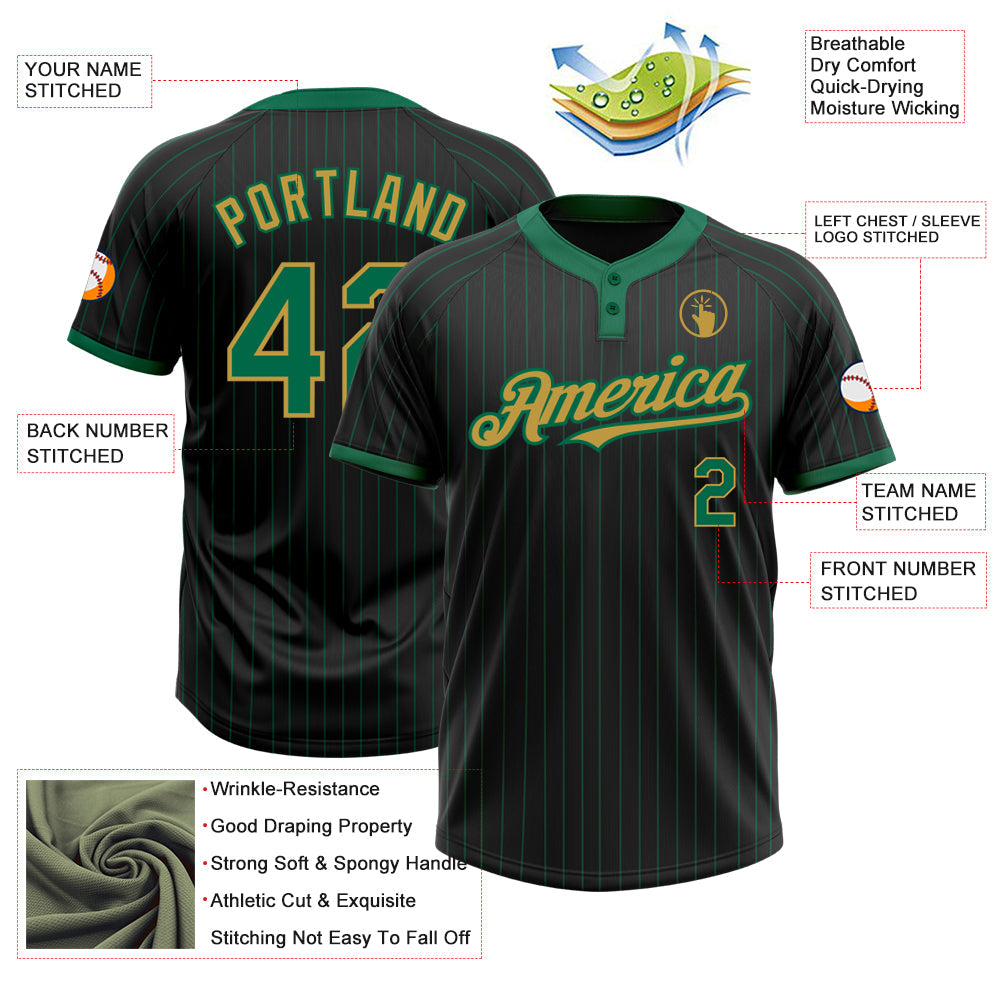 Custom Black Kelly Green Pinstripe Old Gold Two-Button Unisex Softball Jersey view 3
