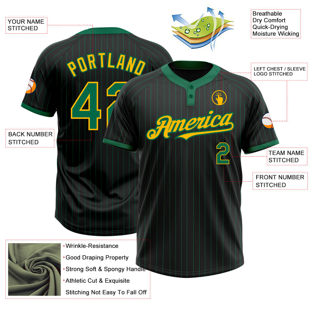 Custom Black Kelly Green Pinstripe Gold Two-Button Unisex Softball Jersey view 3
