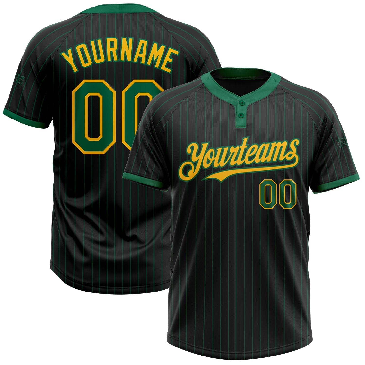 Custom Black Kelly Green Pinstripe Gold Two-Button Unisex Softball Jersey - Main View