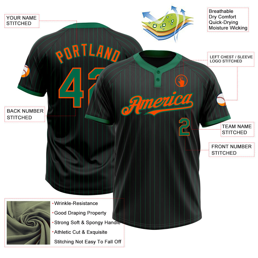 Custom Black Kelly Green Pinstripe Orange Two-Button Unisex Softball Jersey view 3