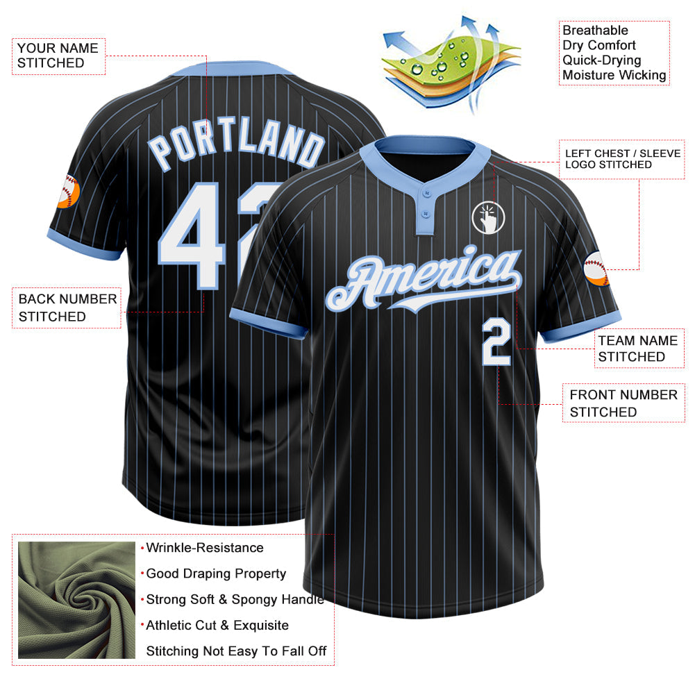 Custom Black Light Blue Pinstripe White Two-Button Unisex Softball Jersey view 3