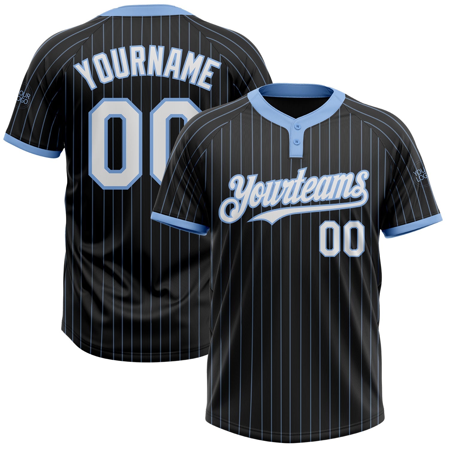 Custom Black Light Blue Pinstripe White Two-Button Unisex Softball Jersey - Main View