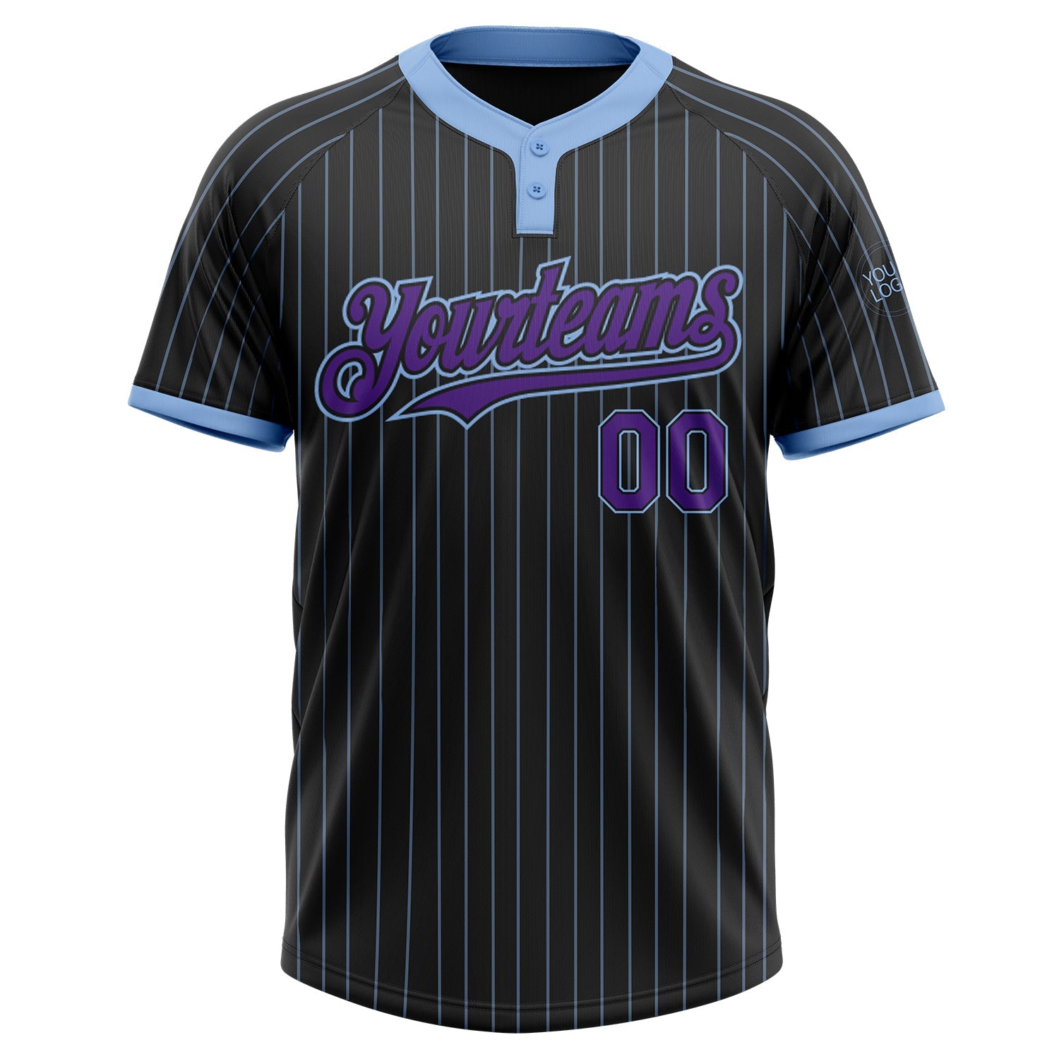 Custom Black Light Blue Pinstripe Purple Two-Button Unisex Softball Jersey view 2