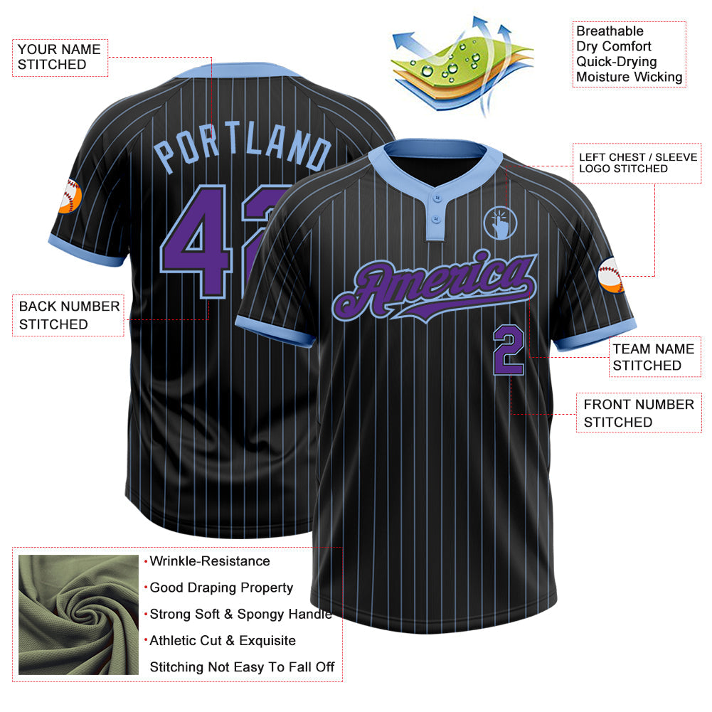 Custom Black Light Blue Pinstripe Purple Two-Button Unisex Softball Jersey view 3