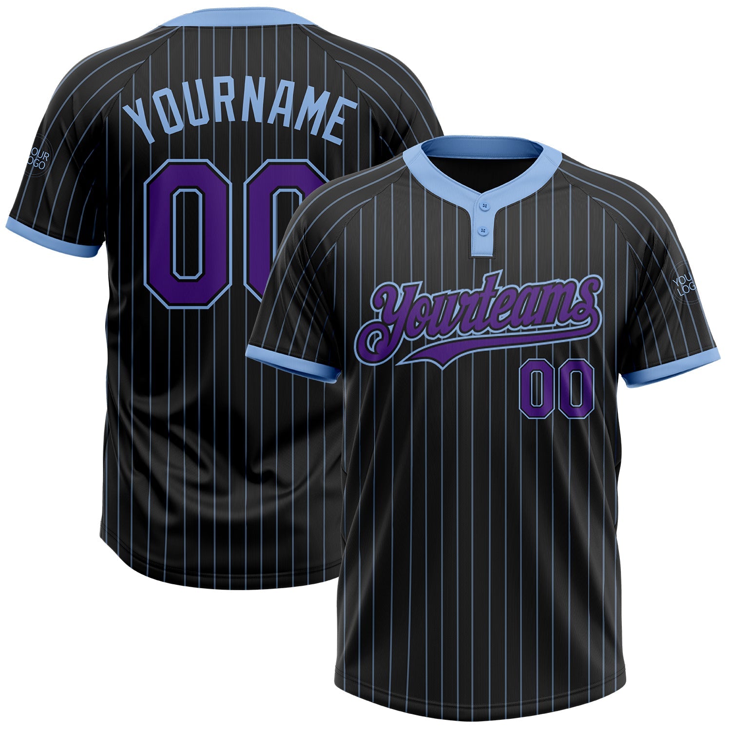 Custom Black Light Blue Pinstripe Purple Two-Button Unisex Softball Jersey - Main View