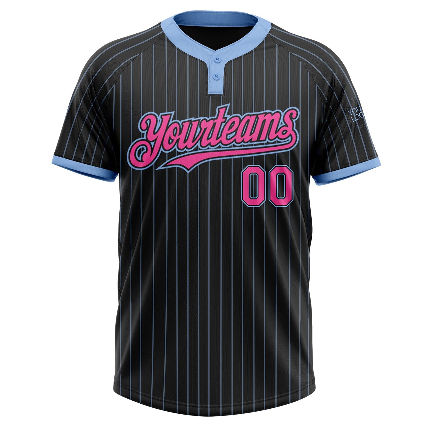 Custom Black Light Blue Pinstripe Pink Two-Button Unisex Softball Jersey view 2