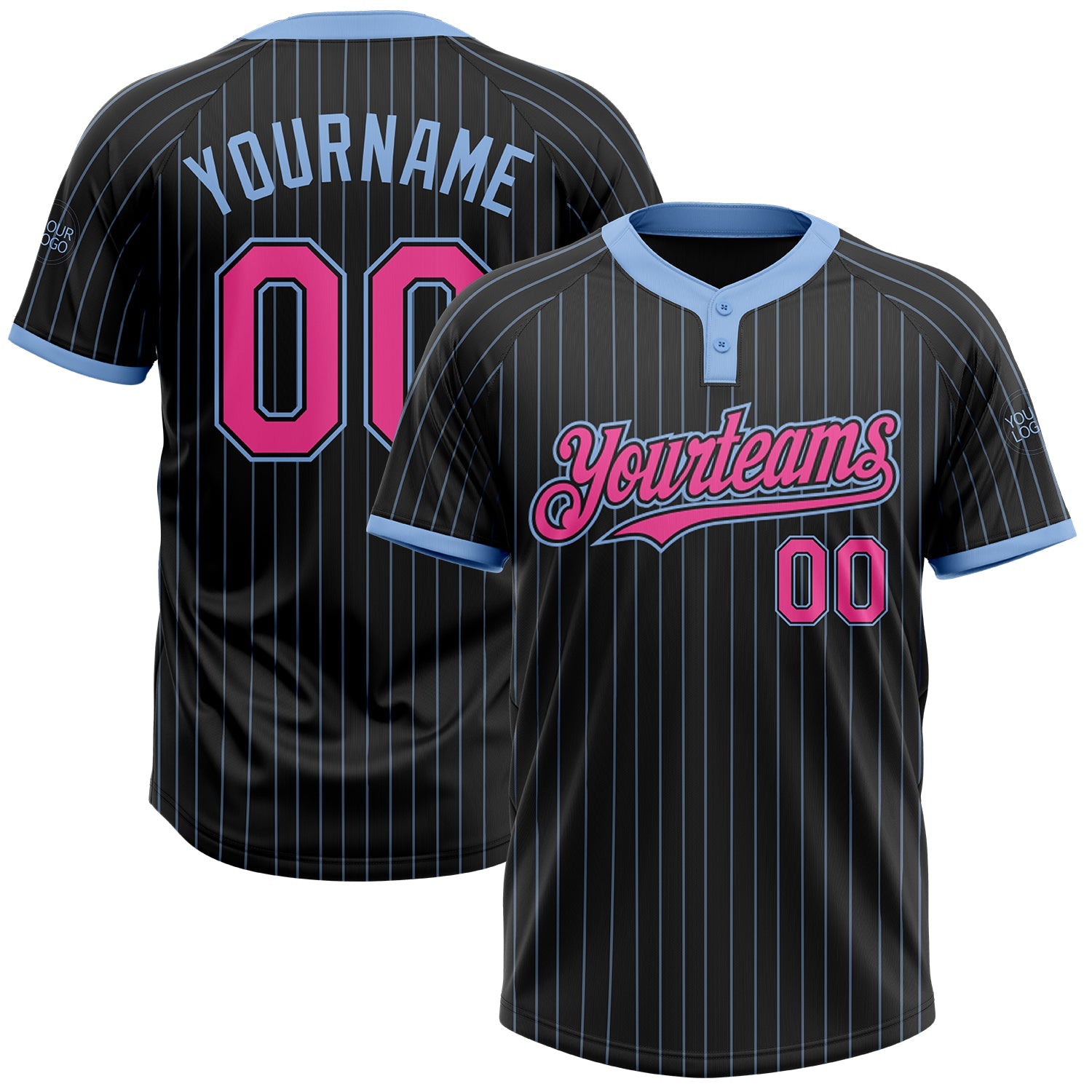 Custom Black Light Blue Pinstripe Pink Two-Button Unisex Softball Jersey - Main View