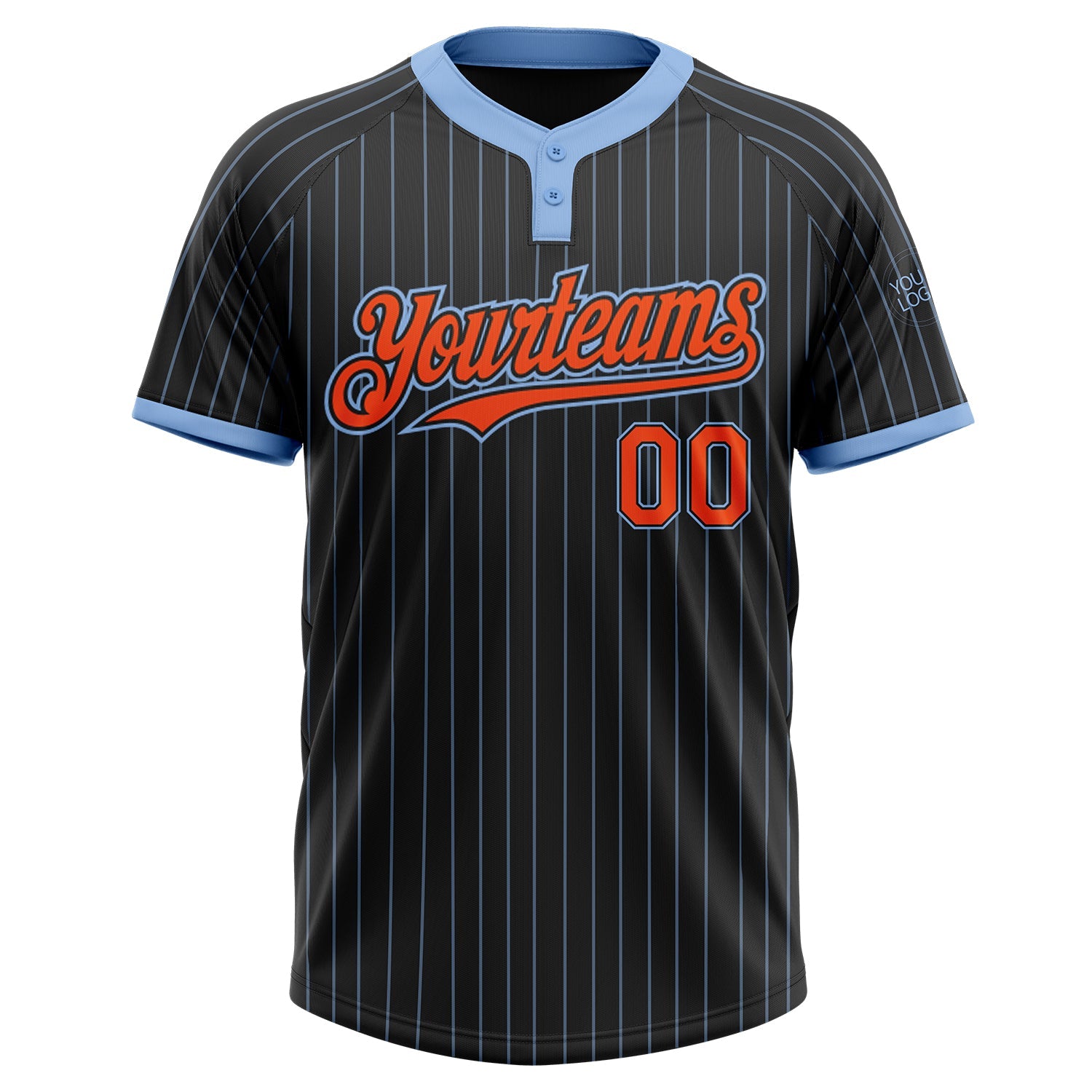 Custom Black Light Blue Pinstripe Orange Two-Button Unisex Softball Jersey view 2