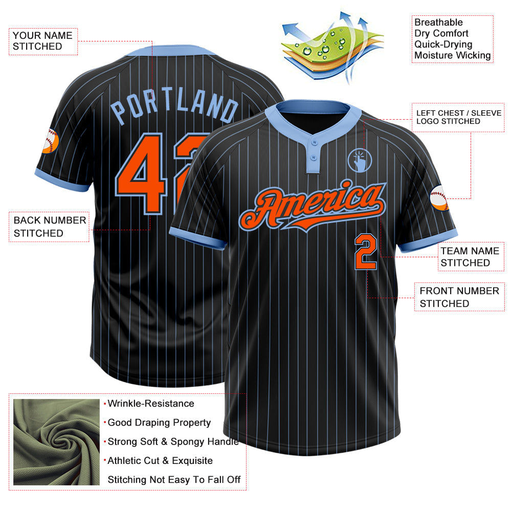 Custom Black Light Blue Pinstripe Orange Two-Button Unisex Softball Jersey view 3