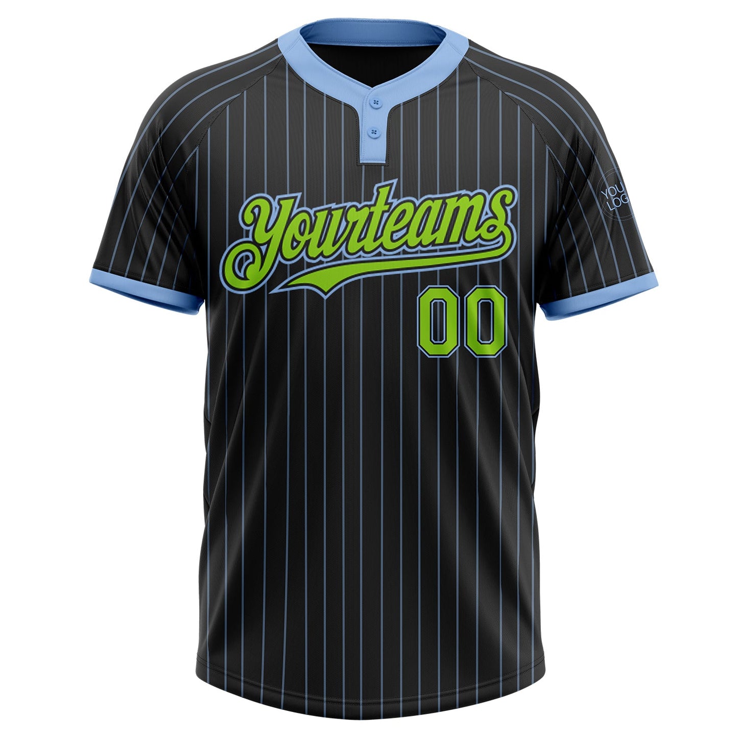 Custom Black Light Blue Pinstripe Neon Green Two-Button Unisex Softball Jersey view 2