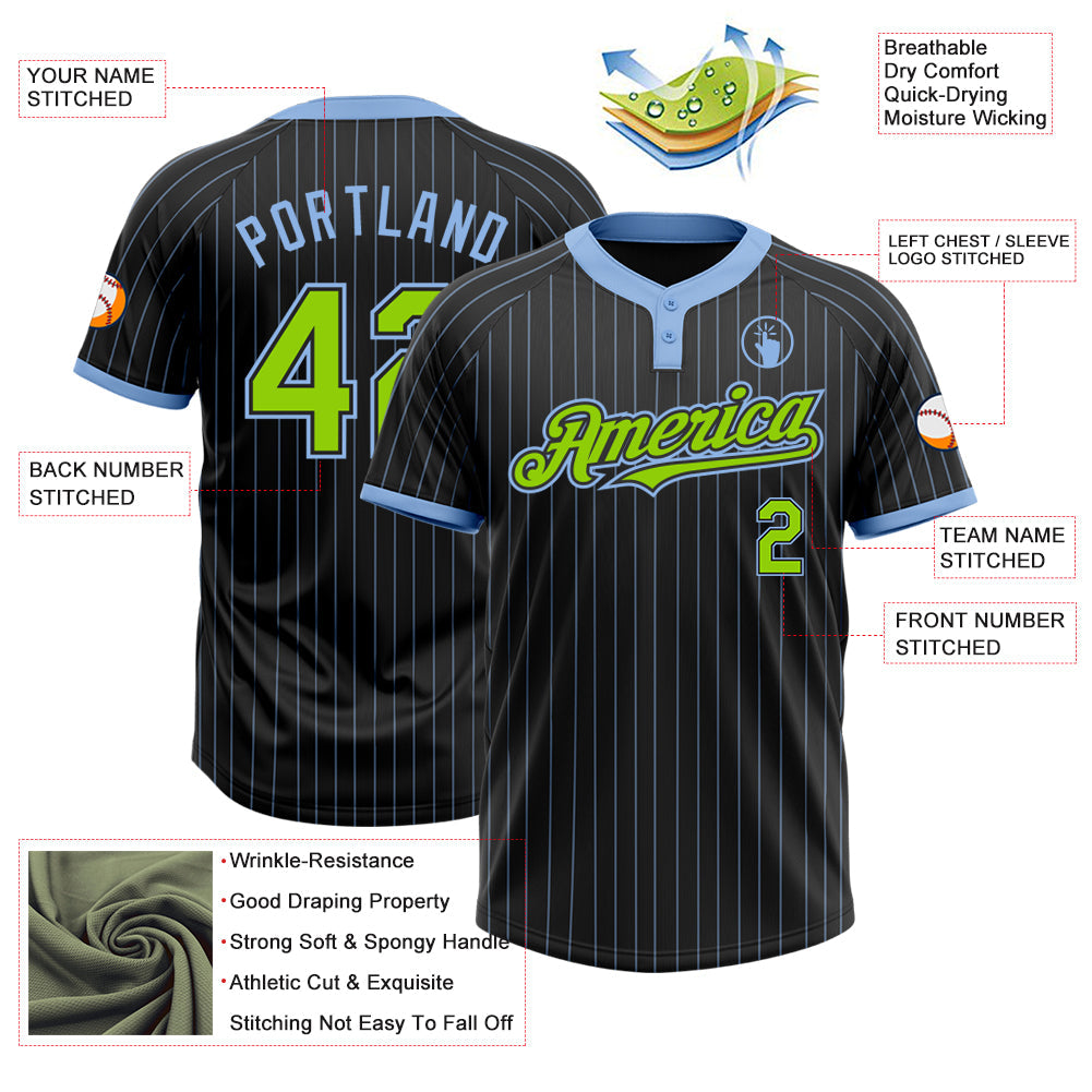 Custom Black Light Blue Pinstripe Neon Green Two-Button Unisex Softball Jersey view 3