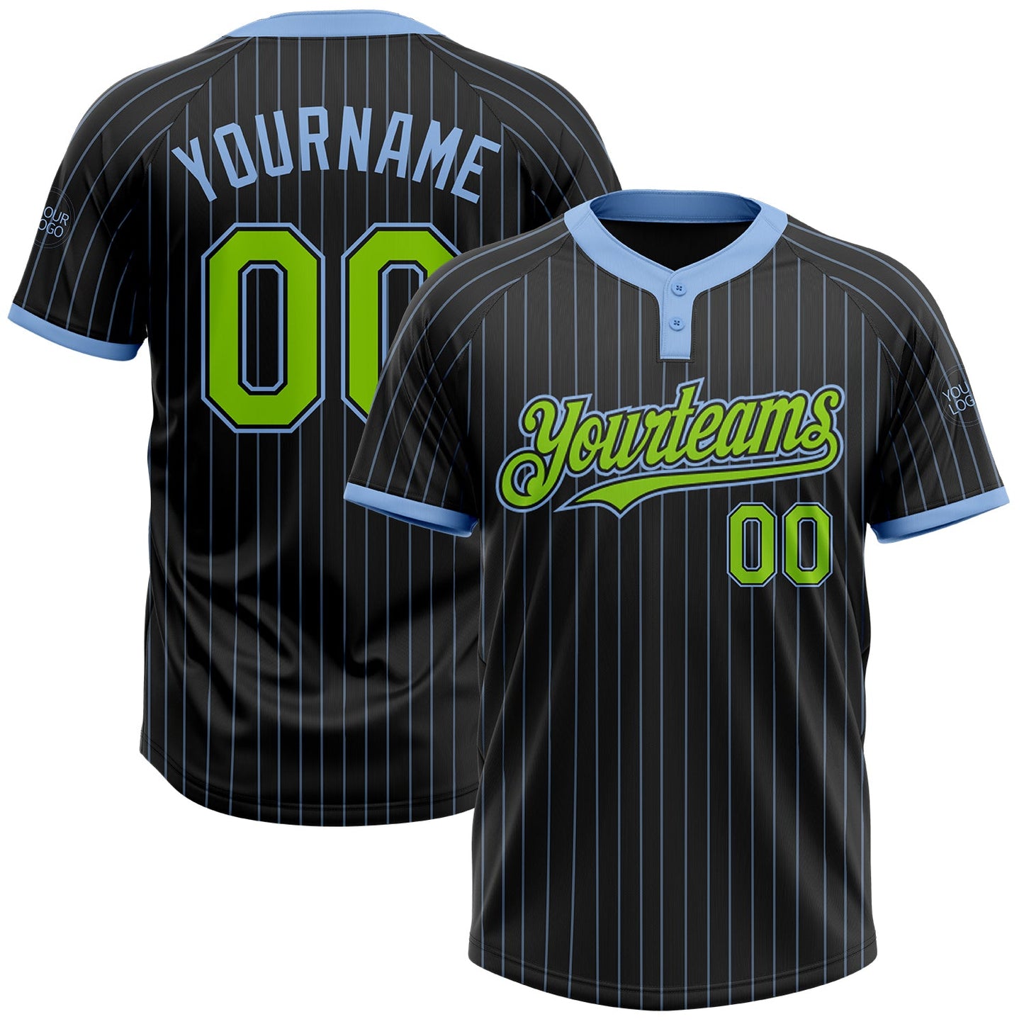 Custom Black Light Blue Pinstripe Neon Green Two-Button Unisex Softball Jersey - Main View