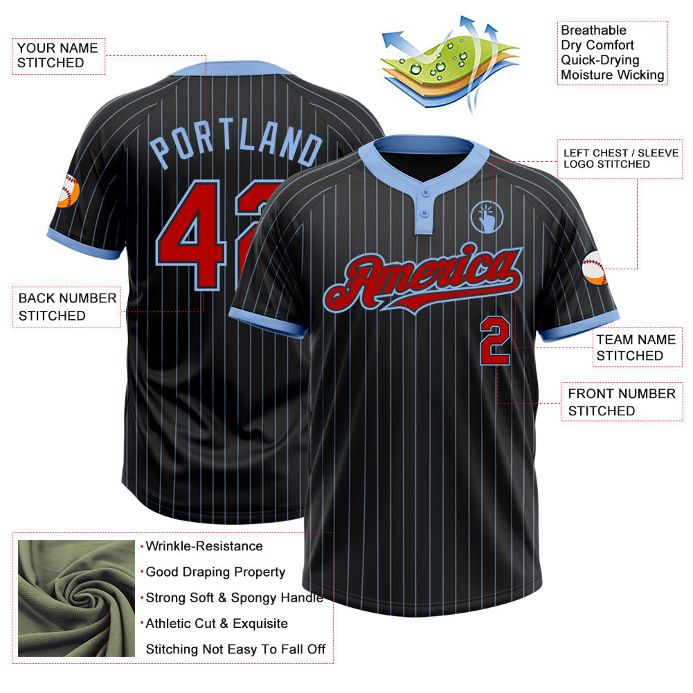 Custom Black Light Blue Pinstripe Red Two-Button Unisex Softball Jersey view 3