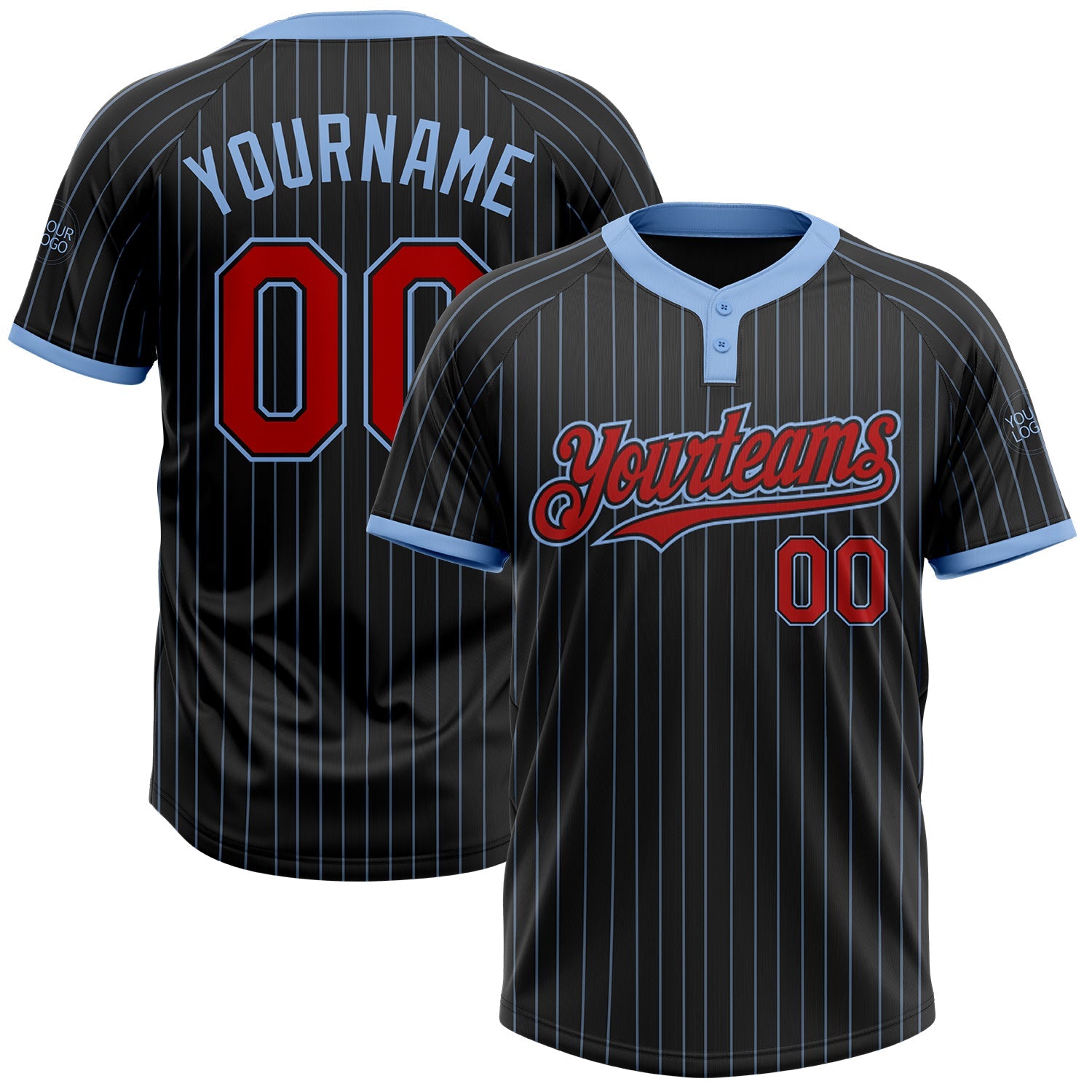 Custom Black Light Blue Pinstripe Red Two-Button Unisex Softball Jersey - Main View