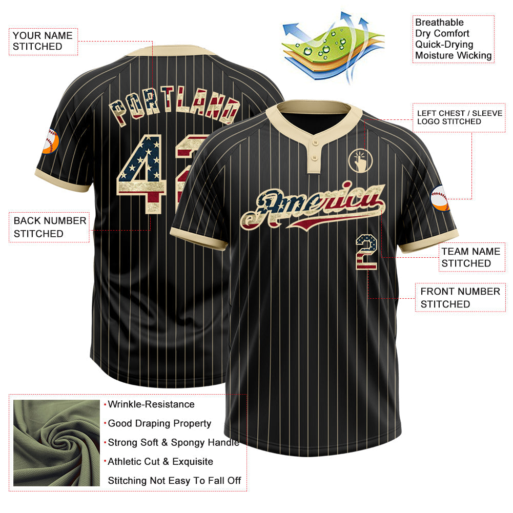 Custom Black Cream Pinstripe Vintage USA Flag Two-Button Unisex Softball Jersey view 3