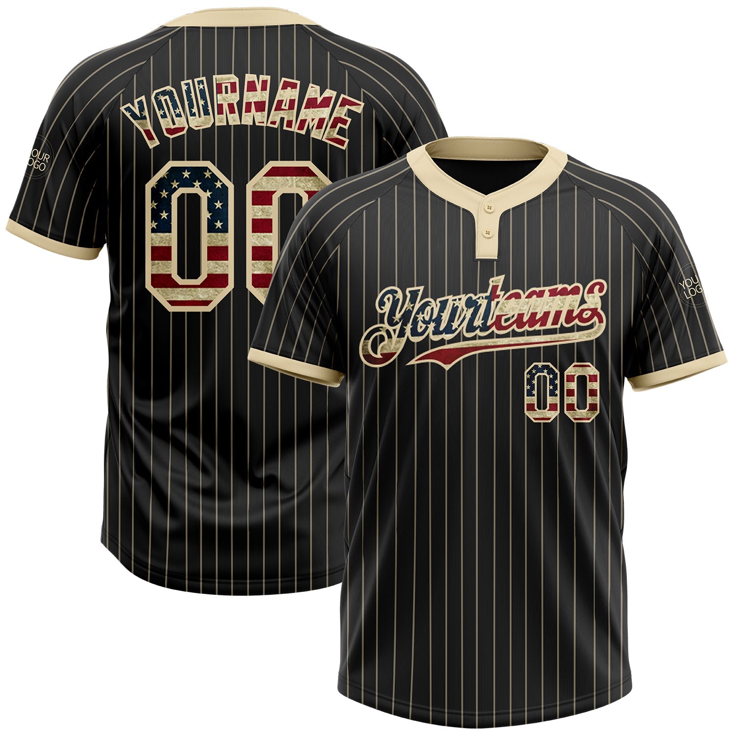 Custom Black Cream Pinstripe Vintage USA Flag Two-Button Unisex Softball Jersey - Main View