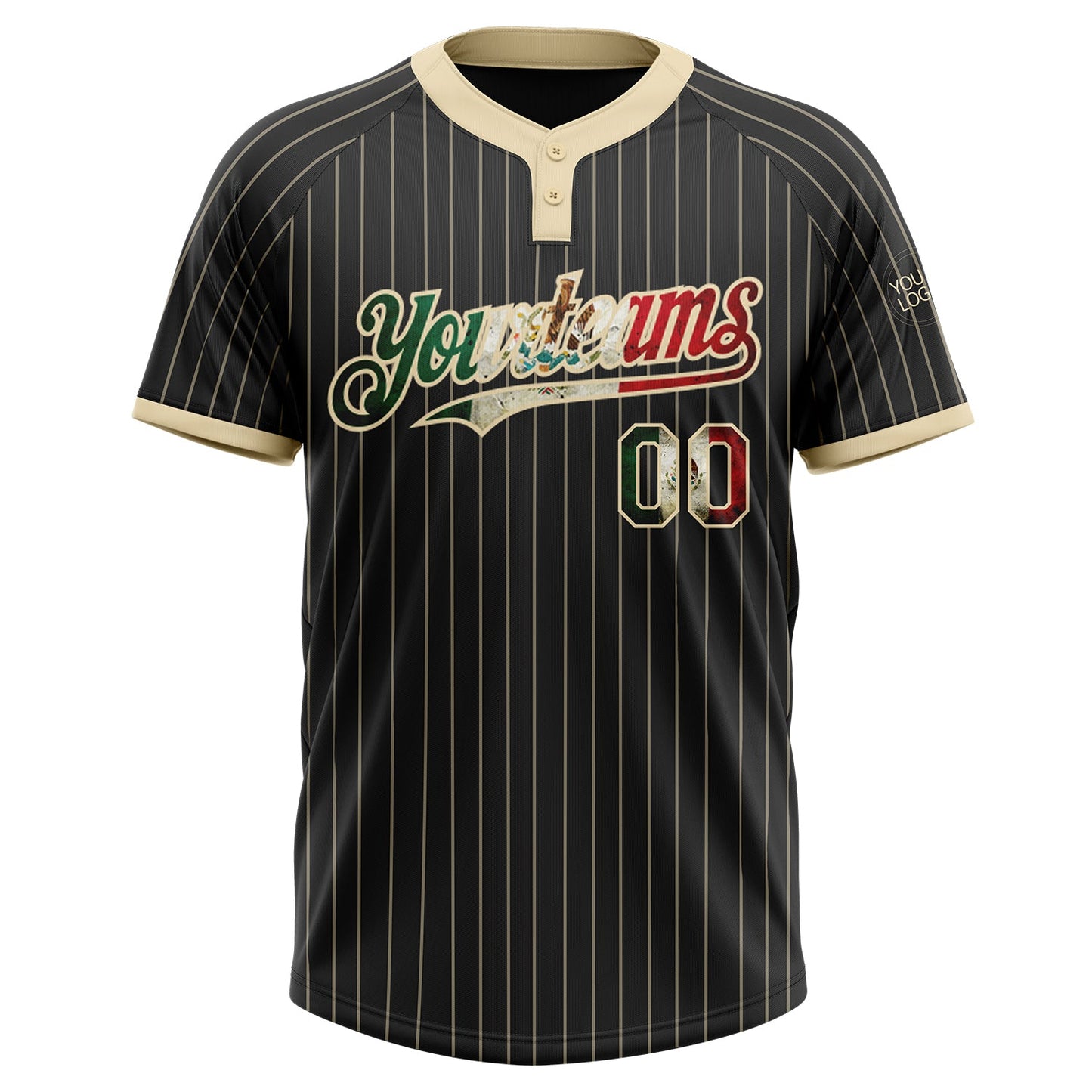 Custom Black Cream Pinstripe Vintage Mexican Flag Two-Button Unisex Softball Jersey view 3