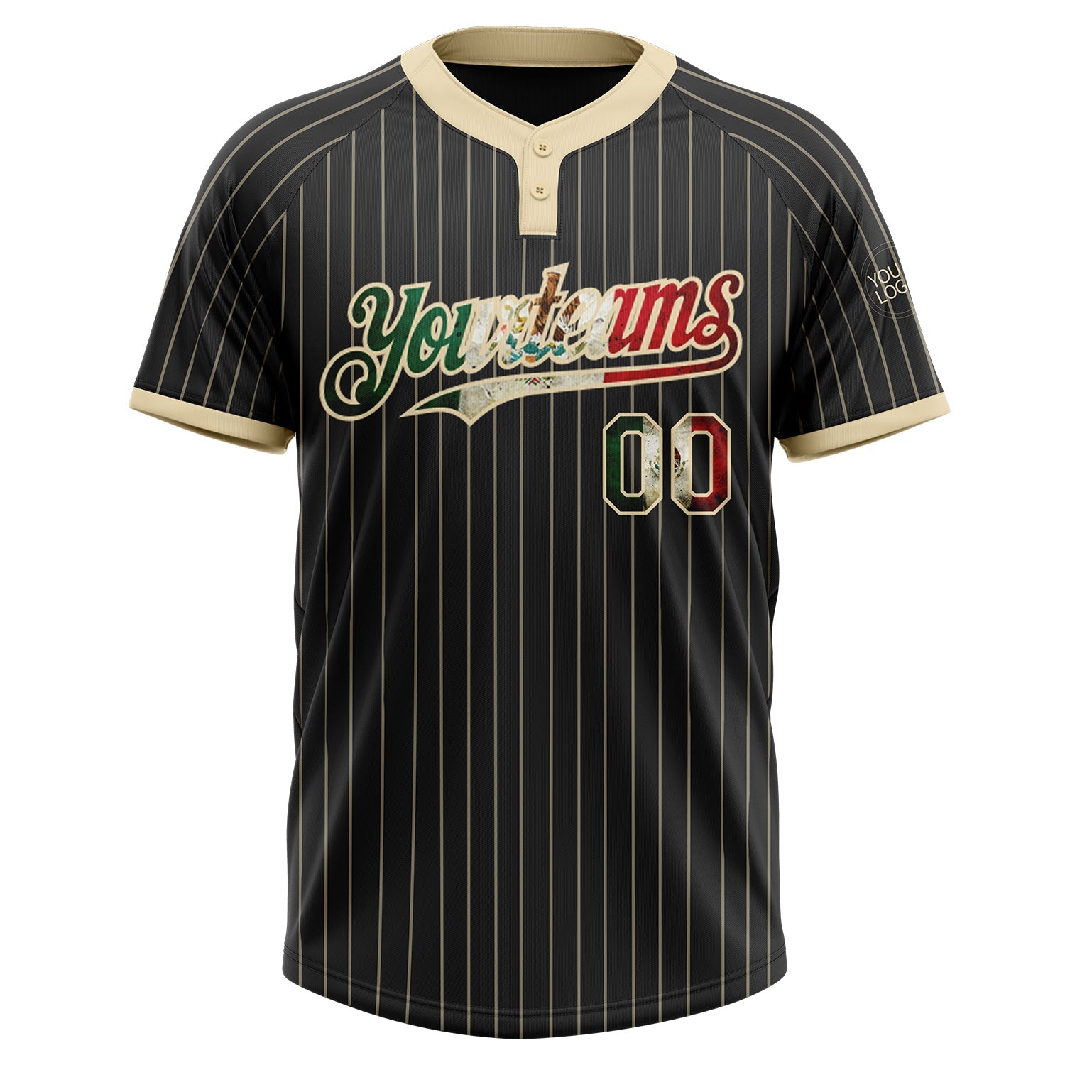 Custom Black Cream Pinstripe Vintage Mexican Flag Two-Button Unisex Softball Jersey view 3