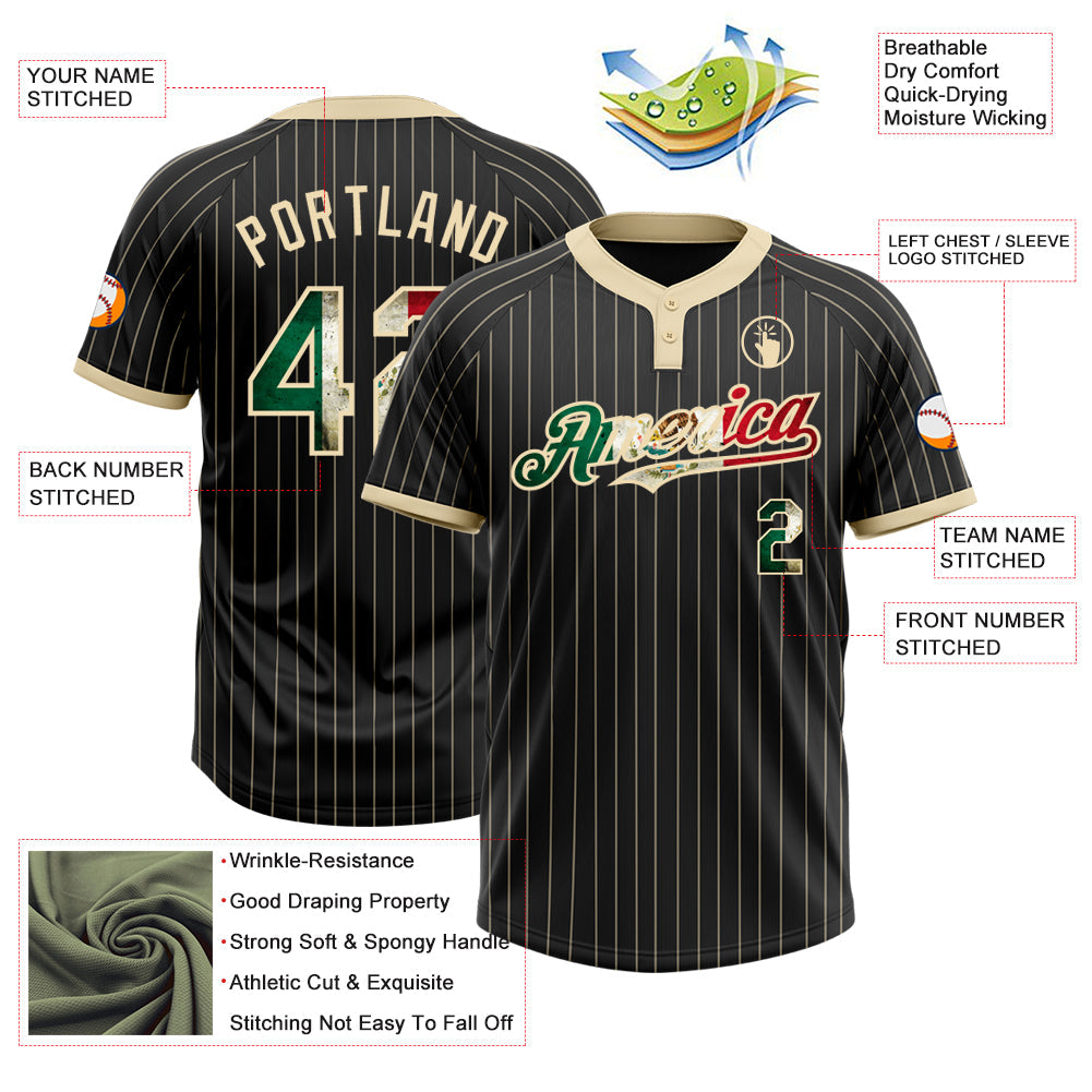 Custom Black Cream Pinstripe Vintage Mexican Flag Two-Button Unisex Softball Jersey view 4