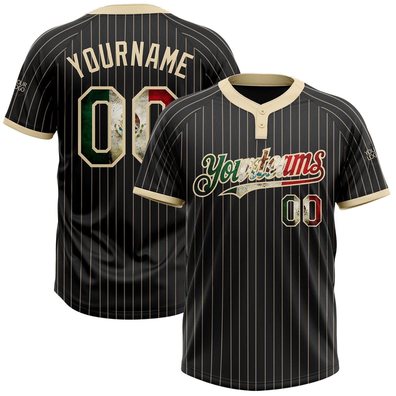 Custom Black Cream Pinstripe Vintage Mexican Flag Two-Button Unisex Softball Jersey - Main View