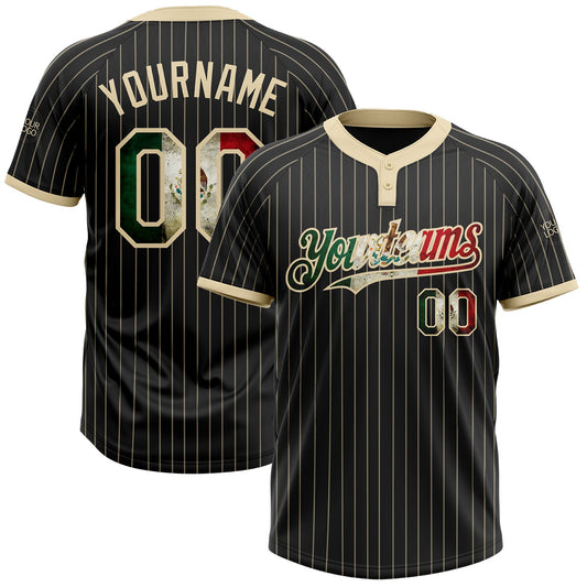Custom Black Cream Pinstripe Vintage Mexican Flag Two-Button Unisex Softball Jersey - Main View