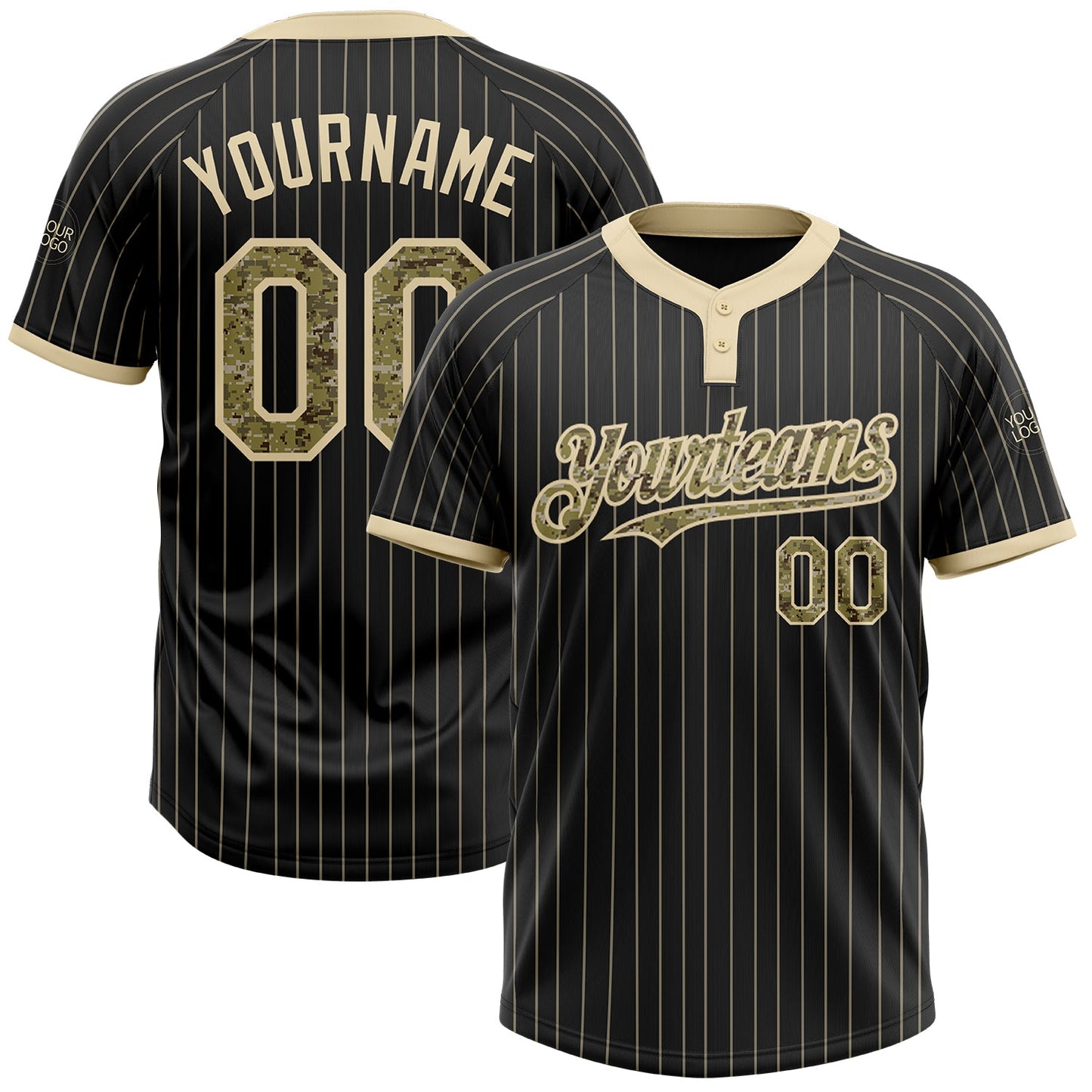 Custom Black Cream Pinstripe Camo Two-Button Unisex Softball Jersey - Main View