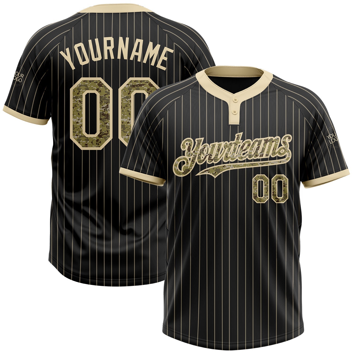 Custom Black Cream Pinstripe Camo Two-Button Unisex Softball Jersey - Main View