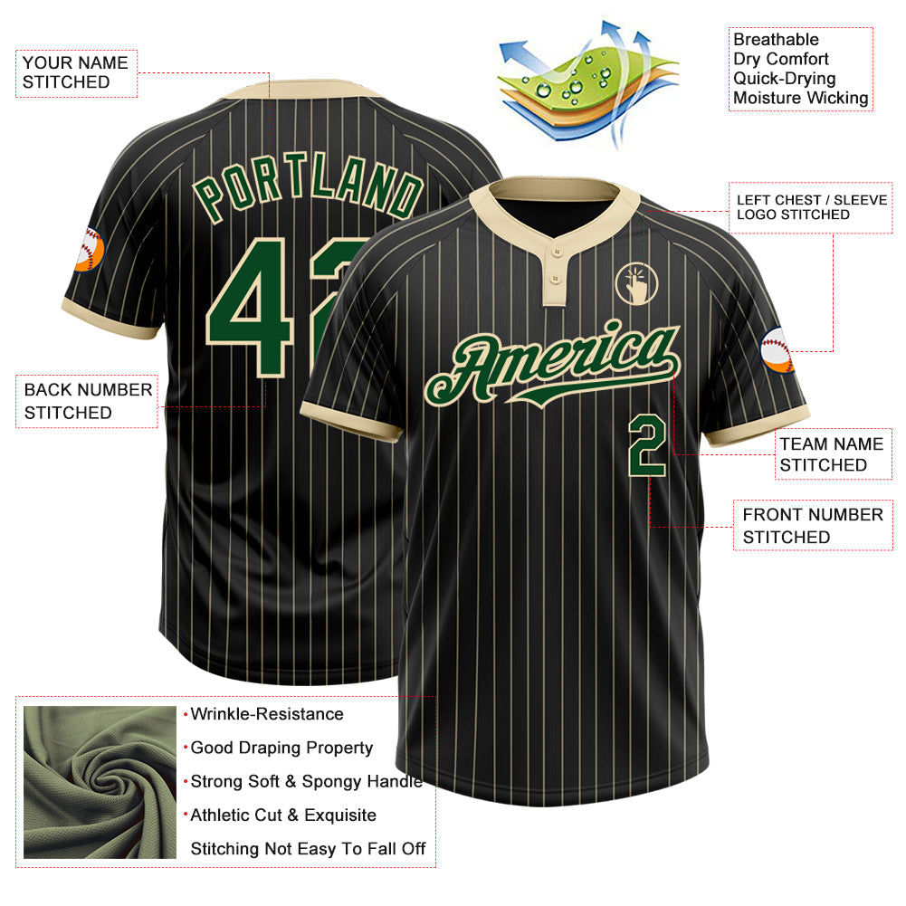 Custom Black Cream Pinstripe Green Two-Button Unisex Softball Jersey view 3