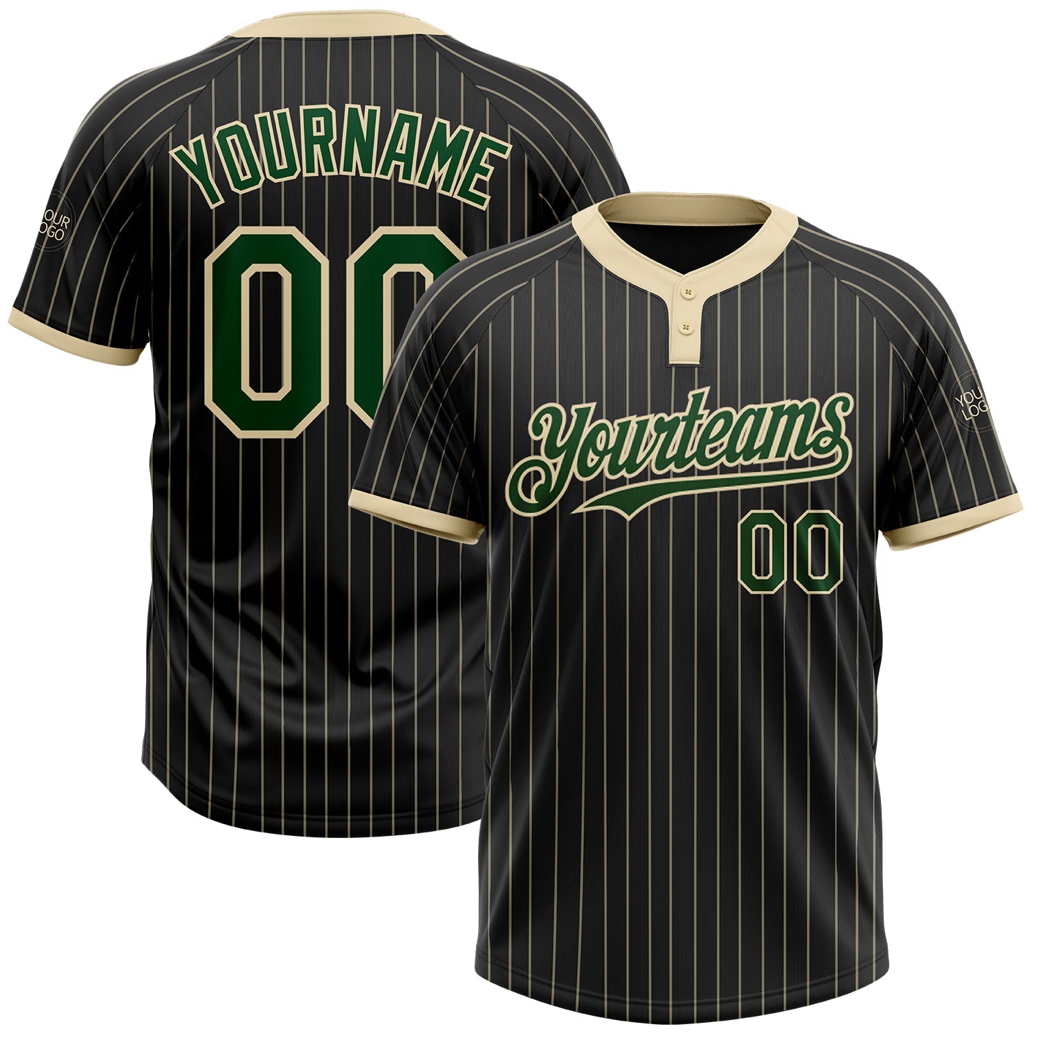 Custom Black Cream Pinstripe Green Two-Button Unisex Softball Jersey - Main View
