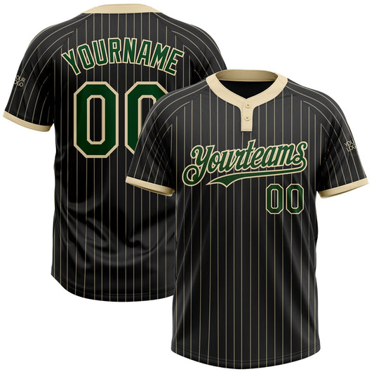 Custom Black Cream Pinstripe Green Two-Button Unisex Softball Jersey - Main View