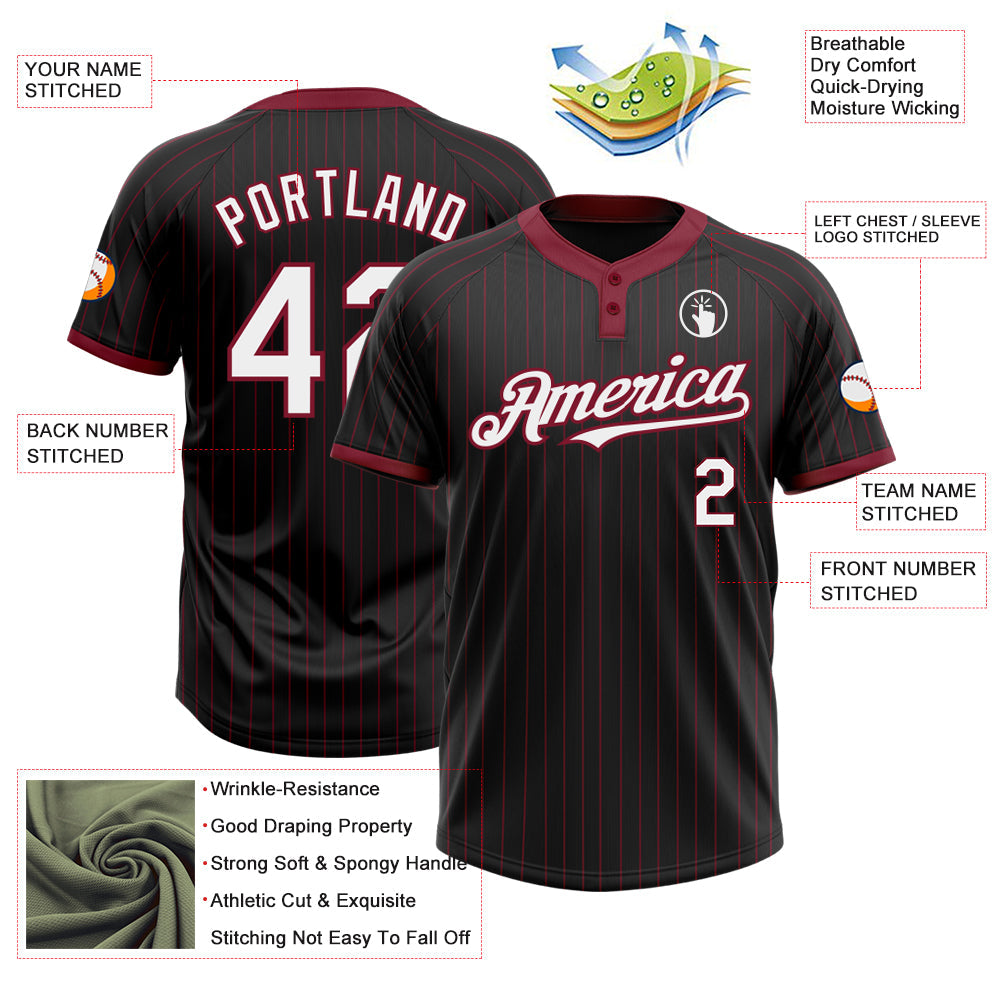 Custom Black Crimson Pinstripe White Two-Button Unisex Softball Jersey view 3