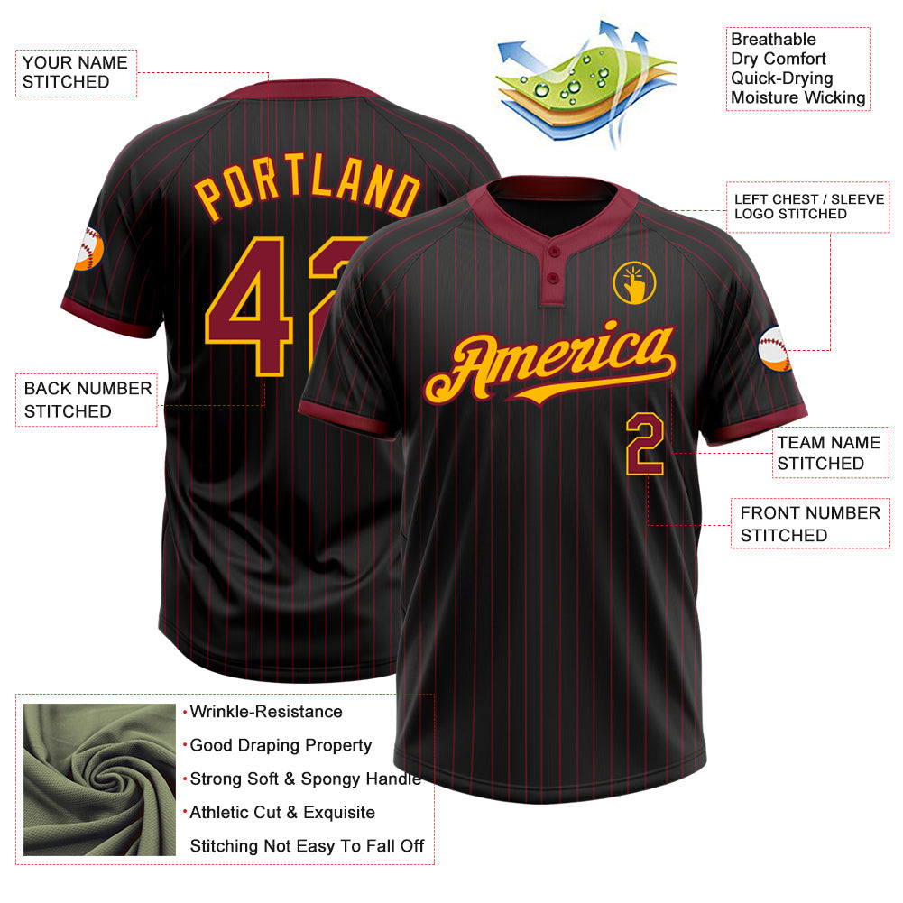 Custom Black Crimson Pinstripe Gold Two-Button Unisex Softball Jersey view 3