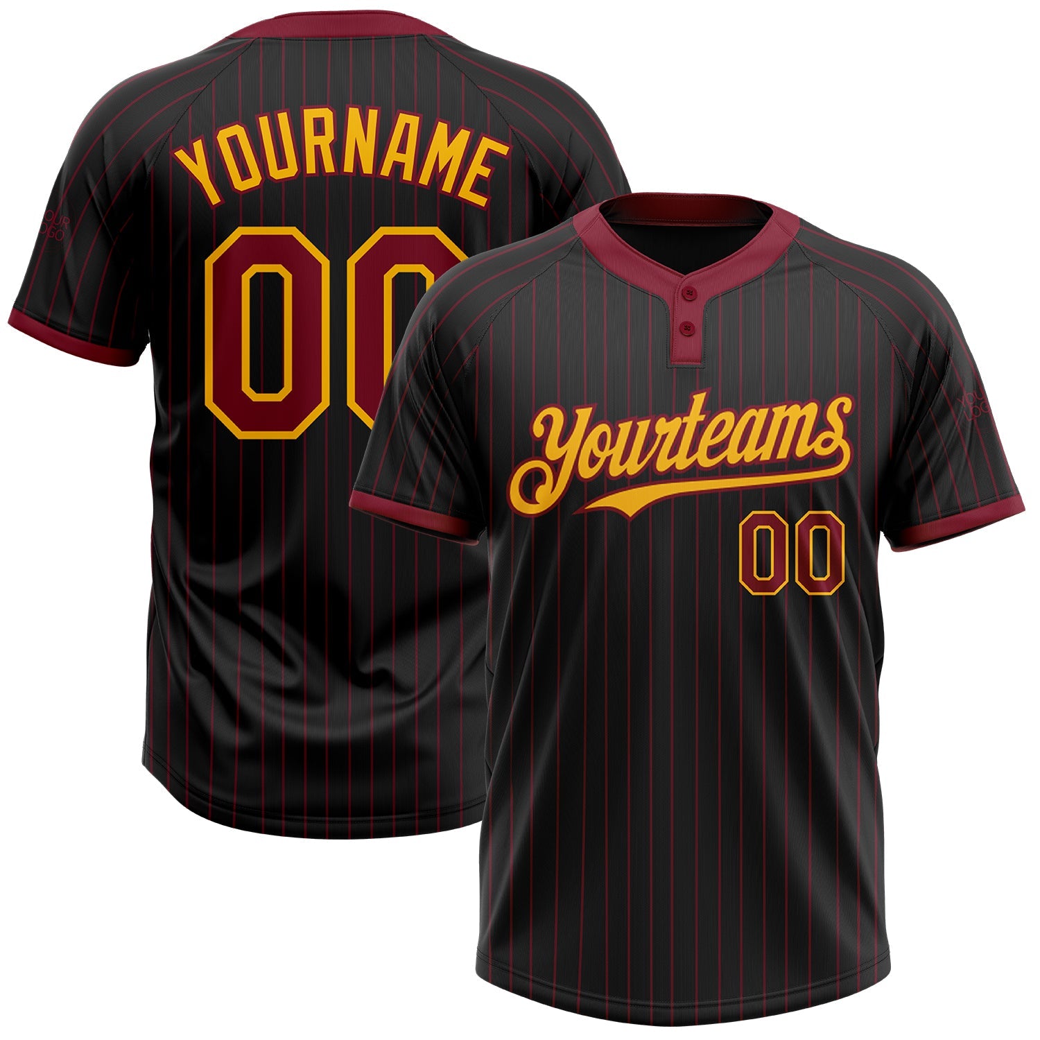 Custom Black Crimson Pinstripe Gold Two-Button Unisex Softball Jersey - Main View
