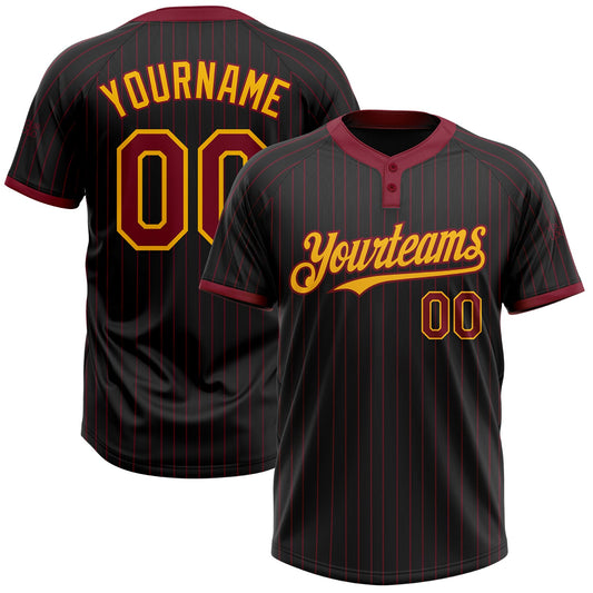 Custom Black Crimson Pinstripe Gold Two-Button Unisex Softball Jersey - Main View