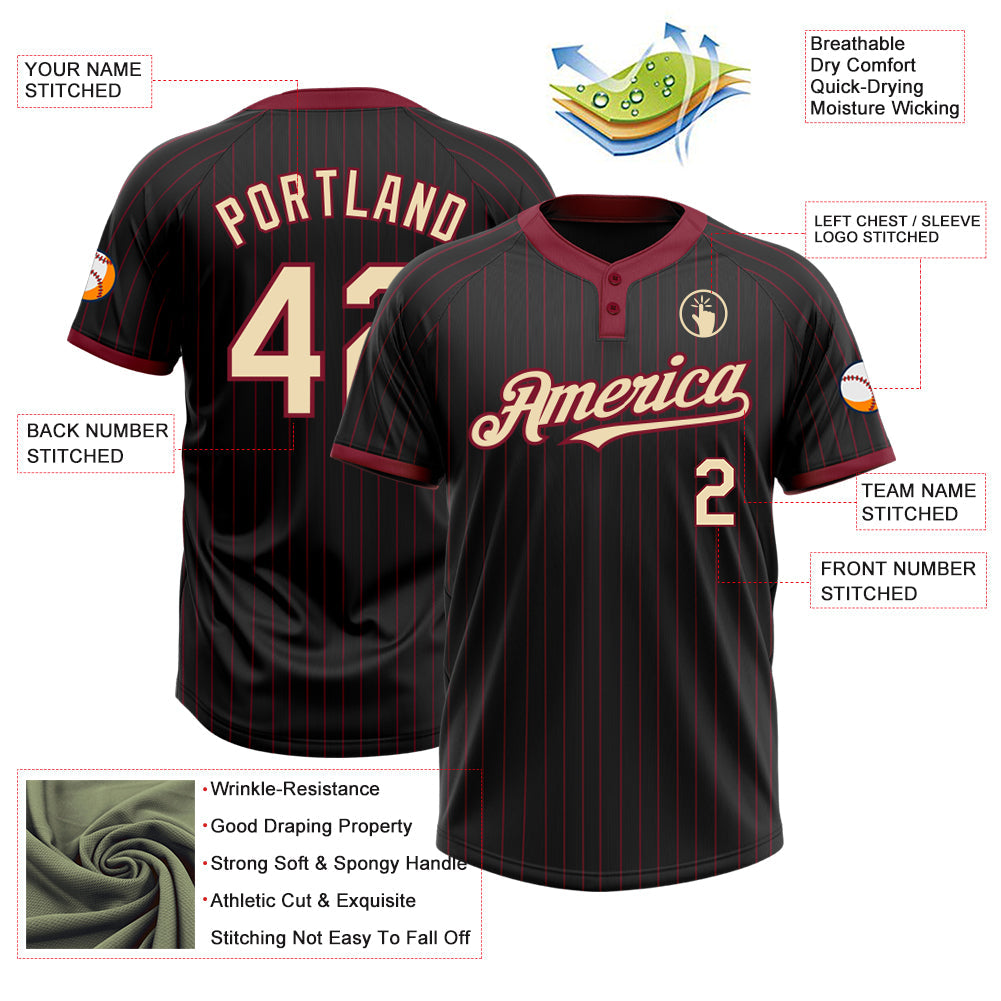 Custom Black Crimson Pinstripe Cream Two-Button Unisex Softball Jersey view 3