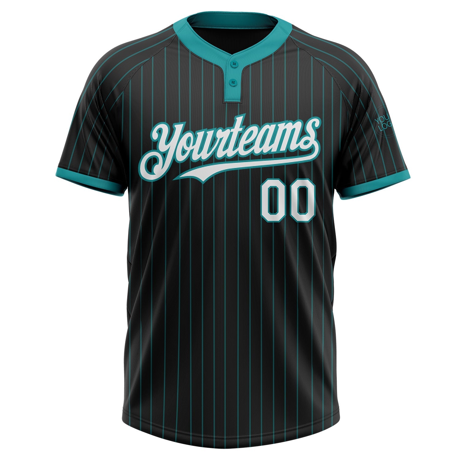 Custom Black Teal Pinstripe White Two-Button Unisex Softball Jersey view 2