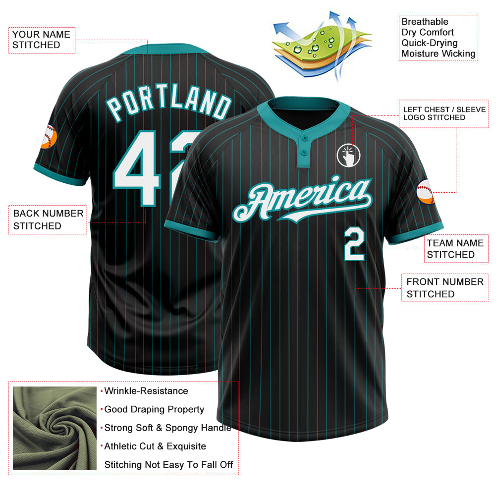 Custom Black Teal Pinstripe White Two-Button Unisex Softball Jersey view 3