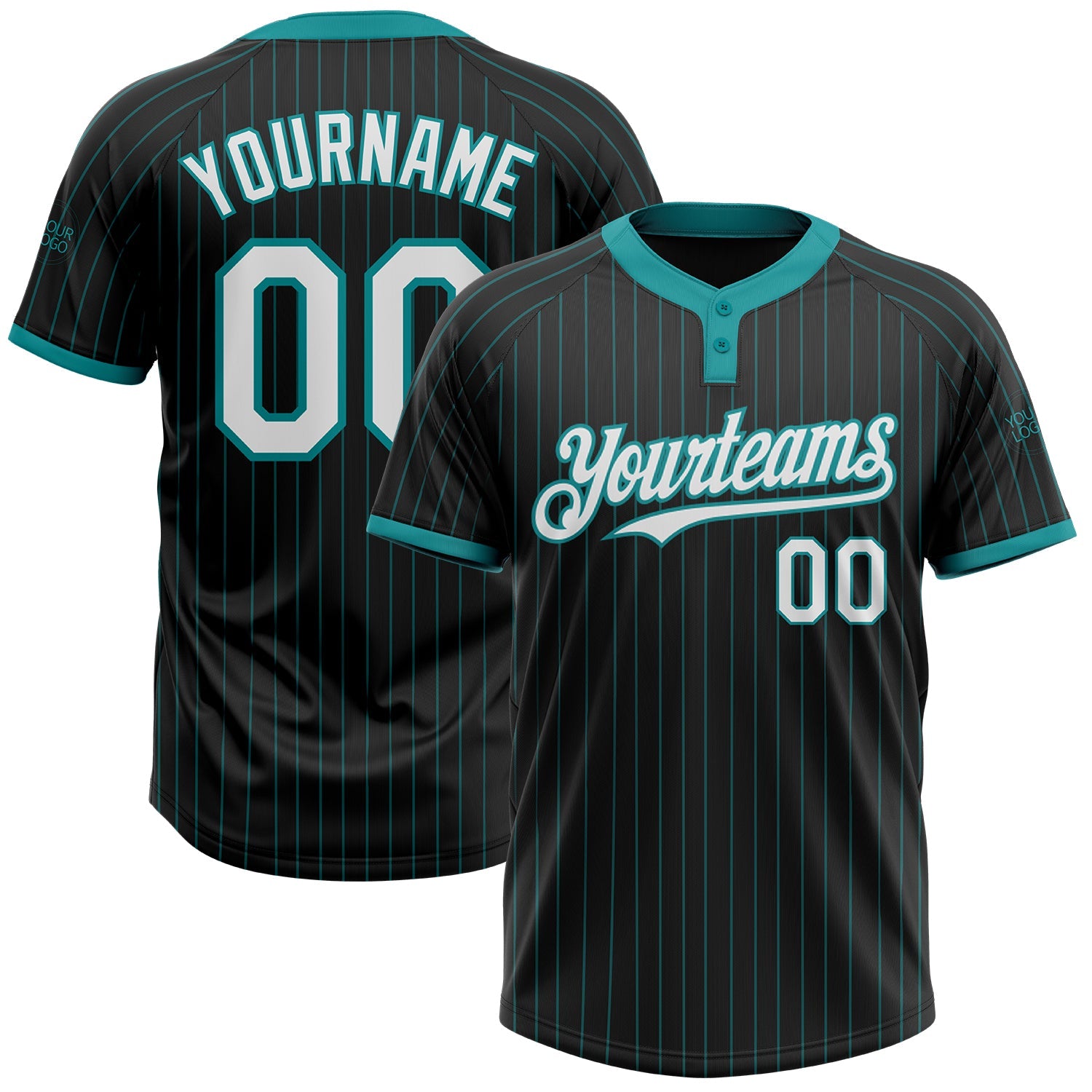 Custom Black Teal Pinstripe White Two-Button Unisex Softball Jersey - Main View