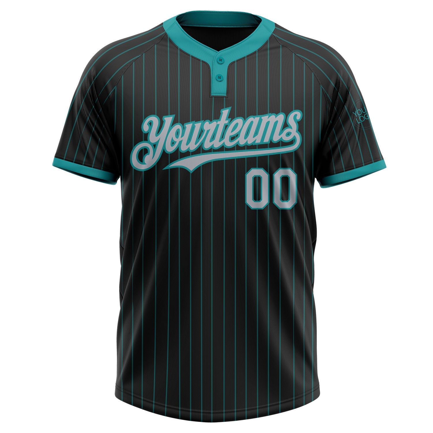 Custom Black Teal Pinstripe Gray Two-Button Unisex Softball Jersey view 2