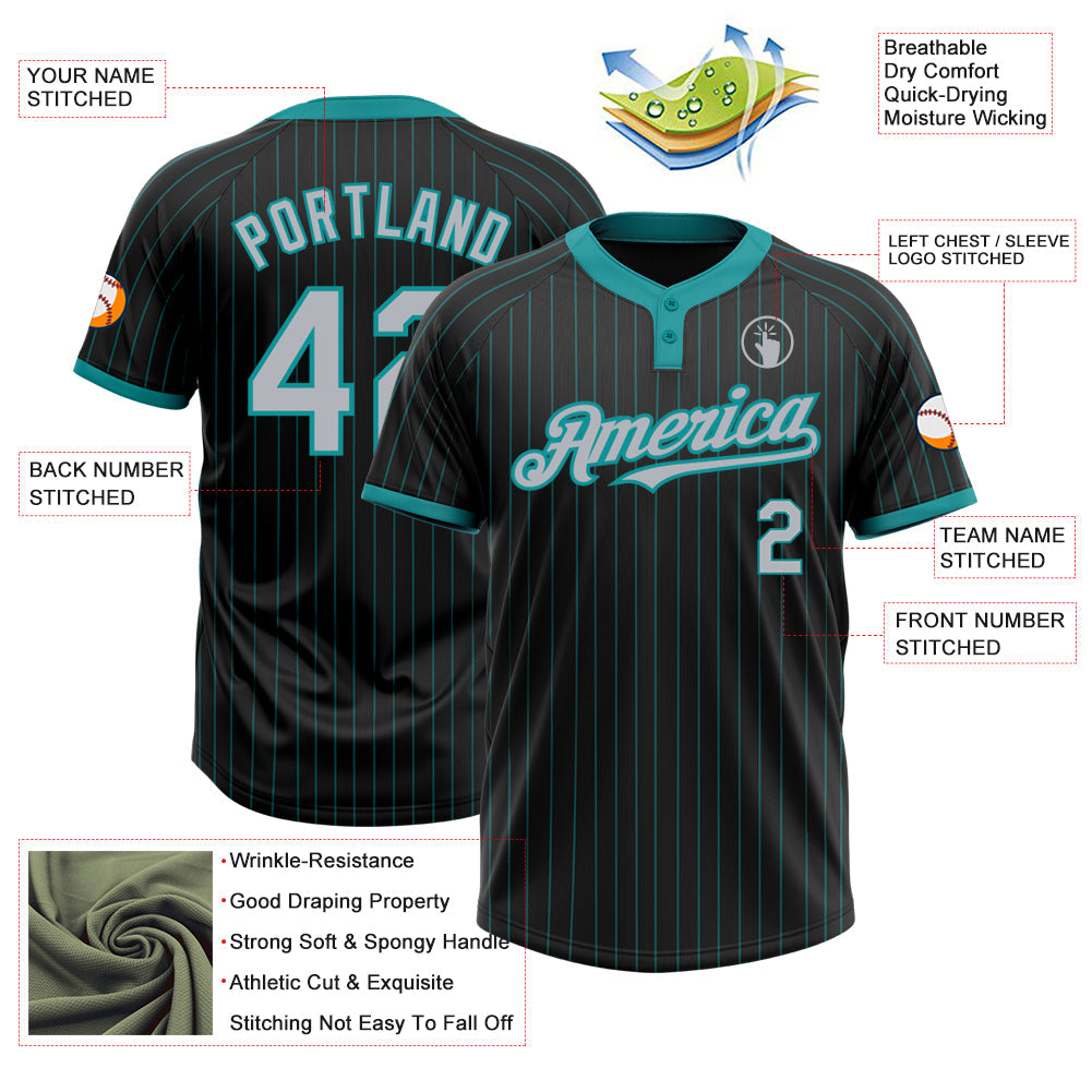 Custom Black Teal Pinstripe Gray Two-Button Unisex Softball Jersey view 3