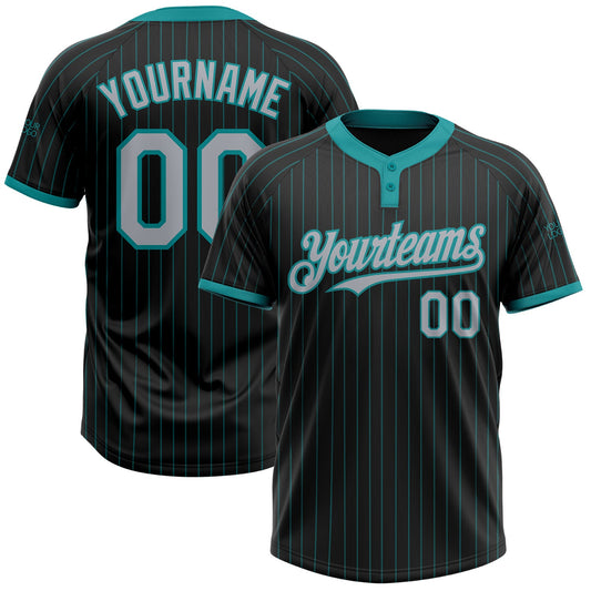Custom Black Teal Pinstripe Gray Two-Button Unisex Softball Jersey - Main View